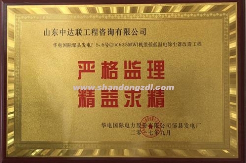 華電國際鄒縣發(fā)電廠項(xiàng)目部榮獲“嚴(yán)格監(jiān)理，精益求精”獎(jiǎng)牌