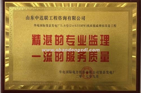 華電鄒縣發(fā)電廠項(xiàng)目部榮獲“精湛的專業(yè)監(jiān)理，一流的服務(wù)質(zhì)量”獎(jiǎng)牌