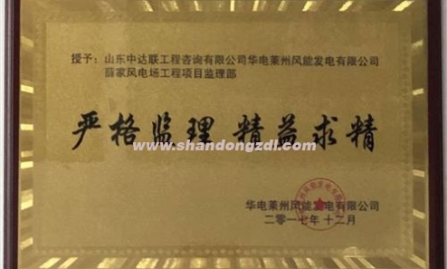 華電萊州薛家風(fēng)電場(chǎng)項(xiàng)目部榮獲“嚴(yán)格監(jiān)理，精益求精”獎(jiǎng)牌